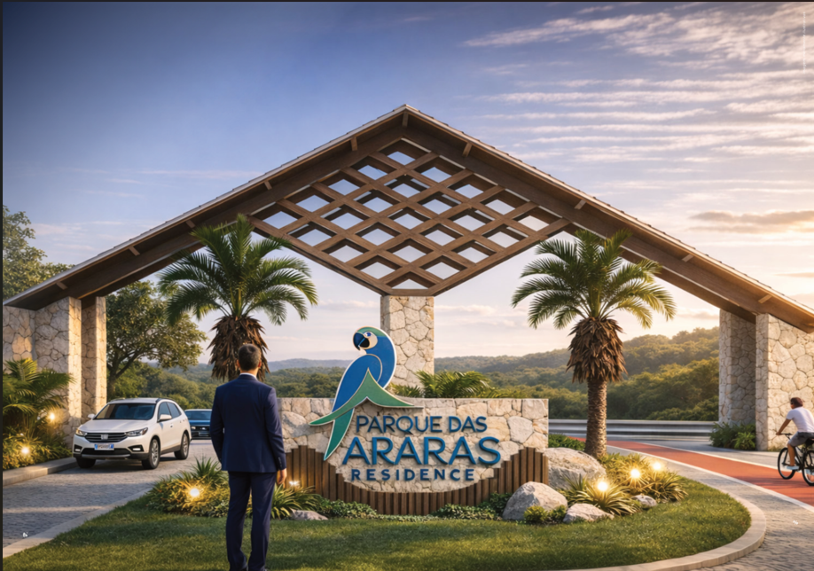 Fachada principal e logo do empreendimento Parque das Araras Residence